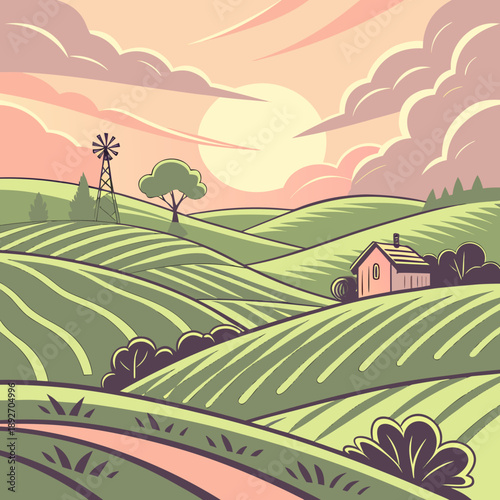 Spring Sunrise Over Rolling Farmland - Golden Hour Rural Scene