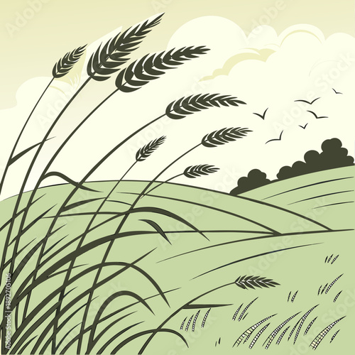 Windy Spring Field with Tall Grass Motion Lines - Dynamic Nature