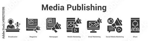 Media Publishing web banner icon set vector illustration concept for business with icon of Broadcaster, Magazine, Newspaper, Mobile Marketing, Email Marketing, Social Me.