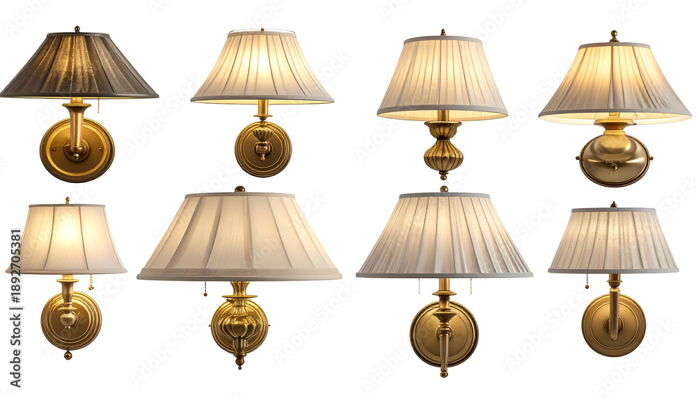 Obraz premium Eight classic wall sconces with varying shade and base designs, golden hues