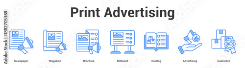 Print Advertising web banner icon set vector illustration concept for business with icon of Newspaper, Magazine, Brochure, Billboard, Catal.