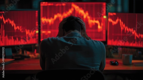 Economic Crisis: Stressed Man Monitoring Falling Stock Market Charts in Red, Symbolizing Financial Loss and Risk