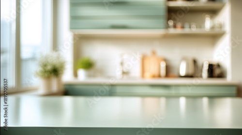 Empty Kitchen Surface: Blurred Background of a Modern Green Kitchen, Ideal Template for Food and Product Advertising