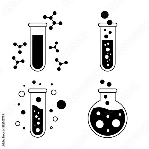 Black and white illustration of laboratory equipment and molecular structures on white background