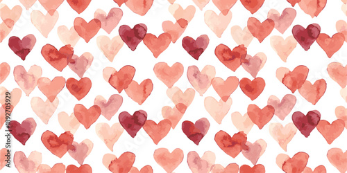 Hand-painted watercolor seamless pattern featuring scattered red and pink hearts, creating a romantic and loving background design for various celebrations