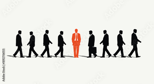 Businessman standing out from crowd individuality and leadership concept office workers walking in line