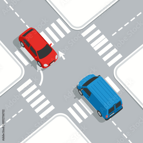 Isometric cars at crosswalk intersection, traffic, road junction, urban transport