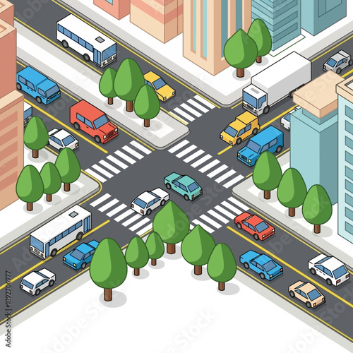 Isometric City Intersection with Cars and Buses