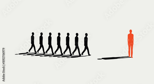 Group of people following each other one individual standing out in red symbolizing leadership and uniqueness in a crowd