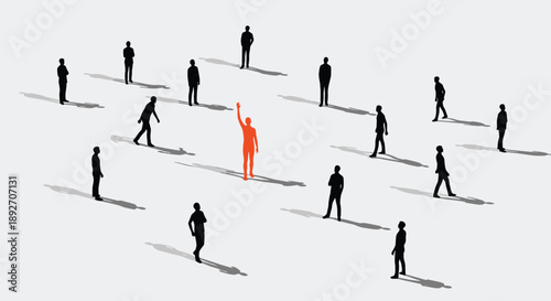 Businessman standing out from crowd with raised hand in leadership or individuality concept on gray background