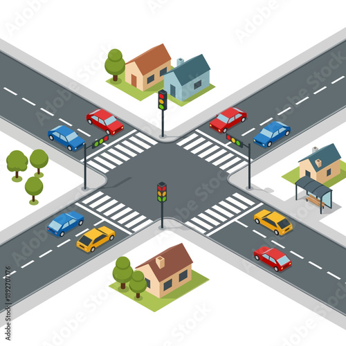 Isometric Crossroads with Cars, Houses, and Traffic Lights