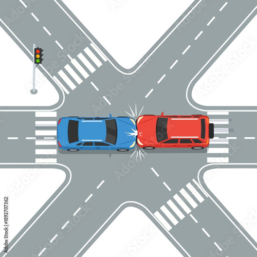 Car accident at intersection: Blue and red cars collide at a crosswalk with traffic light