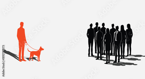 Man walking dog stands out from crowd of people in contrasting social scene