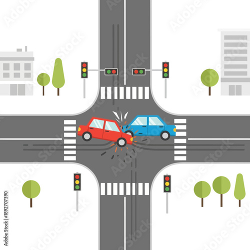 Car crash at intersection with traffic lights, flat design, urban scene