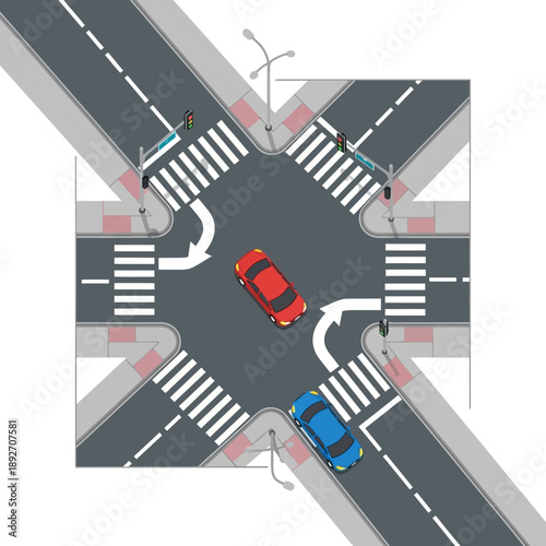 Top-down view of cars navigating a busy intersection with traffic lights and crosswalks