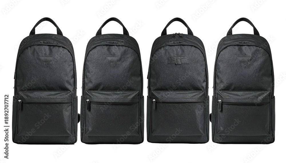 Naklejka premium Four black backpacks in a row, each with a front pocket and handle, against a white background