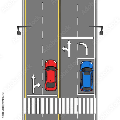 Aerial View of Traffic Lanes with Cars, Crosswalk, and Road Markings