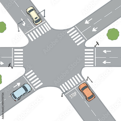 Top View of Busy Crossroads with Cars and Pedestrian Crossings