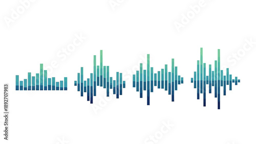 Abstract sound wave equalizer bars, digital audio visualization, blue and green gradient, white background