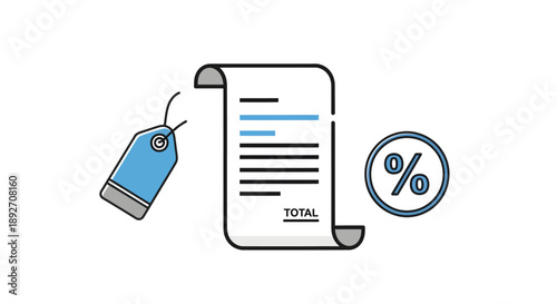 A digital illustration of a price tag, invoice, and percentage symbol in a simple, flat style.