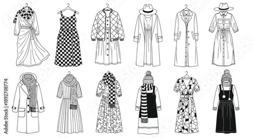 Various women's clothing items and outfits hanging on hangers in black and white line art