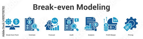 Break-even Modeling web banner icon set vector illustration concept for business with icon of Break Even Point, Estimate, Forecast, Audit, Analysis, Pro.