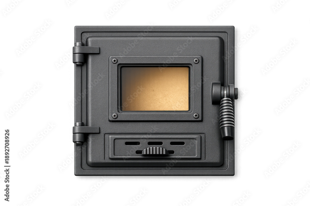 Obraz premium Close-up of a vintage cast iron wood stove door with a glass window and handle