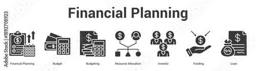 Financial Planning web banner icon set vector illustration concept for business with icon of Financial Planning, Budget, Budgeting, Resource Allocation, Invest.