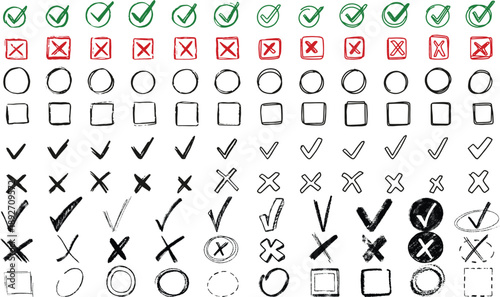 Hand Drawn Check Marks Cross Symbols and Scribble Circle Box Set
