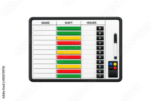 Work schedule whiteboard with colorful shift indicators and marker for employee planning