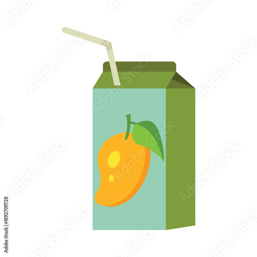 Carton of orange juice with straw and orange graphic