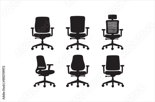 A collection of minimalist black office chair silhouettes in varying styles and perspectives