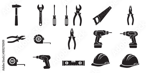 Black silhouette vector illustration set of construction tools, repair equipment icons featuring drill, saw, hammer, shovel, and paintbrush on white background,