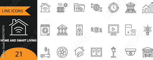 Home Smart Living IoT Automation Security House Technology Vector Line Icon Set
