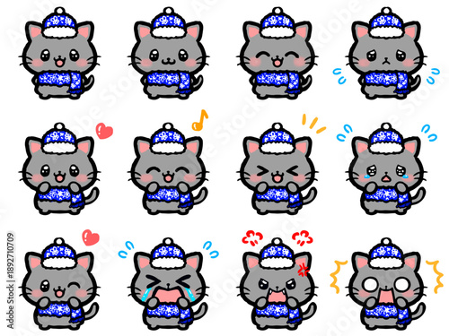 かわいい冬の猫の喜怒哀楽落書き風イラスト素材セット3