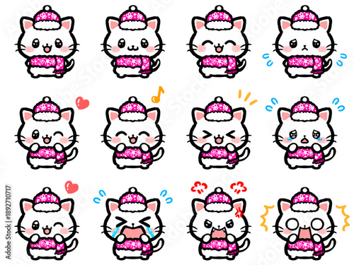 かわいい冬の猫の喜怒哀楽落書き風イラスト素材セット4