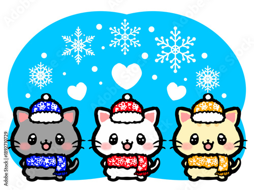 かわいい冬服姿の猫の落書き風イラスト素材