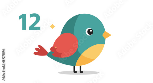 Cute cartoon bird with number 12, isolated on white background
