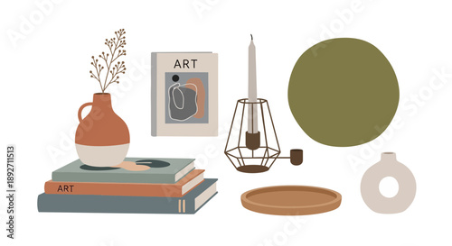 Boho Decor Flat Lay: Books, Vase, Candle Holder, Art Book