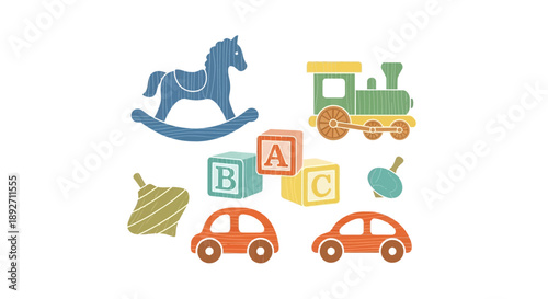 Vintage Toys Collection: Rocking Horse, Train, Blocks, Cars, Spinners