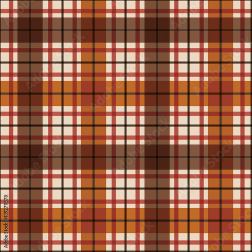 Elegant plaid tartan in warm earthy tones. Seamless vector pattern background in autumn pumpkin orange, brown and neutrals. Sophisticated checkered backdrop repeat for cozy fall