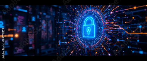 Cybersecurity protection dark technological and cool mode, neon blue and gold lighting