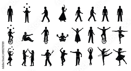 Collection of black silhouette icons depicting people performing various acrobatic and dance movements