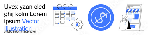 E-commerce, financial planning, business operations, online stores, payment systems, scheduling. a calendar, gear dollar symbol and shopping items. E-commerce and financial planning concept