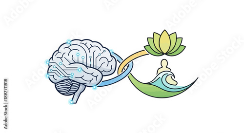 Mindful person meditating with brain and lotus flower in harmony