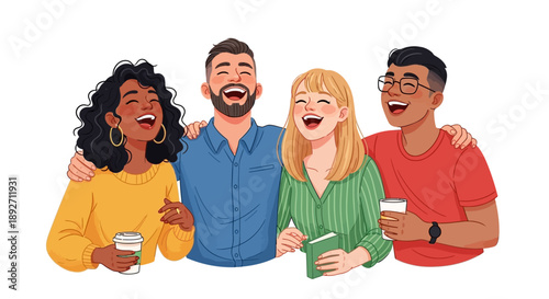Happy diverse friends laughing together with coffee
