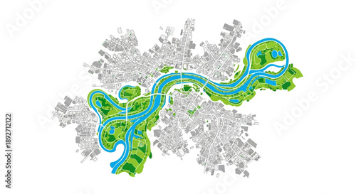 Modern city map with river and green spaces illustration