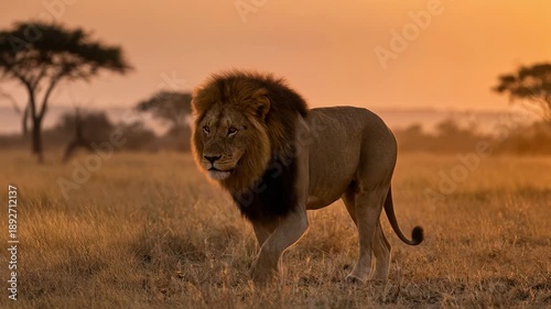 Wallpaper Mural Majestic lion walking in golden savannah during sunset with natural African wildlife landscape Torontodigital.ca