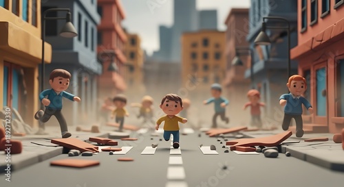 Children navigating a ruined city street in the aftermath of a disaster, a poignant concept illustrating the challenges and resilience faced by communities