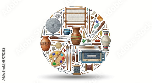 Artistic tools and supplies arranged in a creative circle